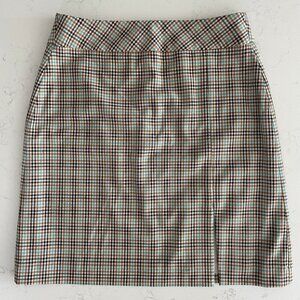 RW&CO. Stretch Lining Plaid Mini Skirt w Front Slit Turquoise Blue Blk Tan Sz 2